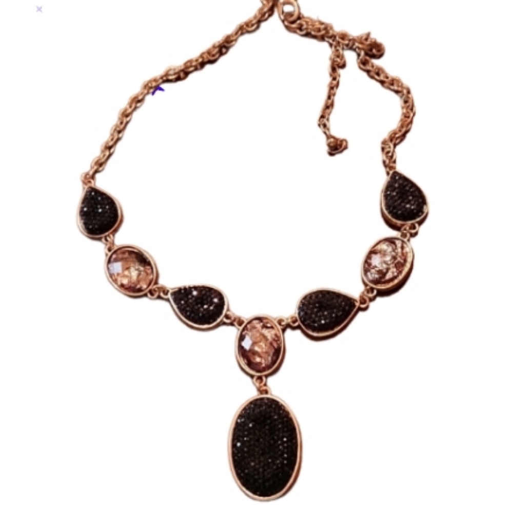 Black pave chips and foil glass v necklace